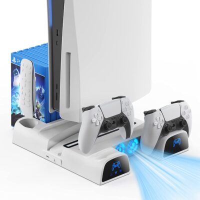 PS5 Stand with 2 Cooling Fan, CODOGOY Dual Fast PS5 Controller Charging Station with Games Storage, PS5 Cooling Station PS5 Accessories Vertical Stand for...