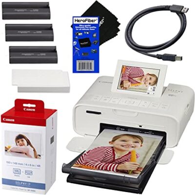 HeroFiber Canon SELPHY CP1300 Wireless Compact Photo Printer (White) + Canon KP-108IN Color Ink Paper Set